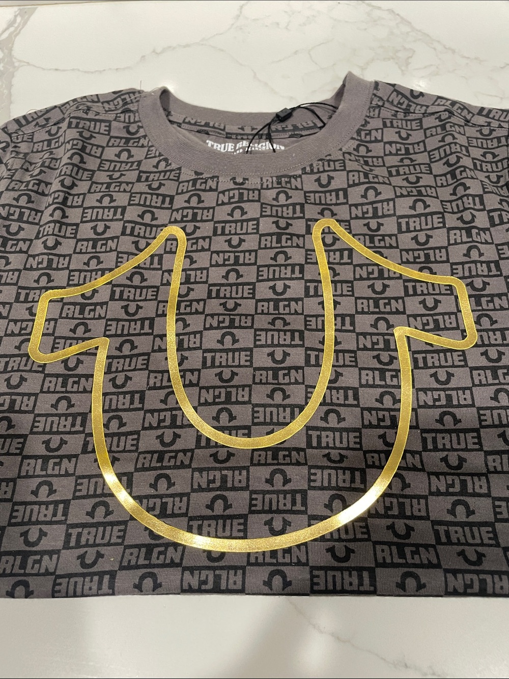True Religion Gray All-Over Logo Short Sleeve Tee with Gold Horseshoe